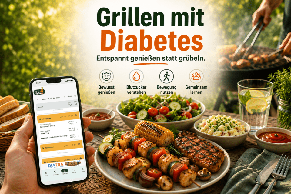 Sommerlicher Grilltisch mit Gemüse, Salat, Brot, Soßen und Wasser